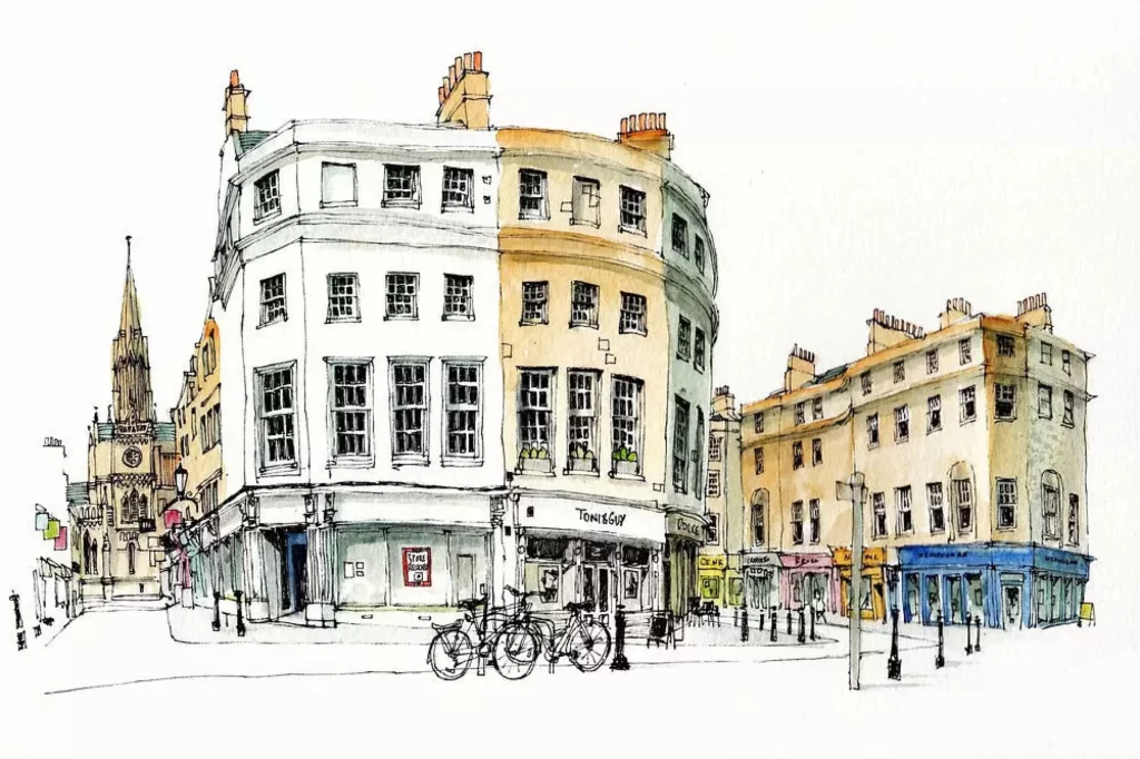 Urban Street Scene European Architecture Watercolor Art