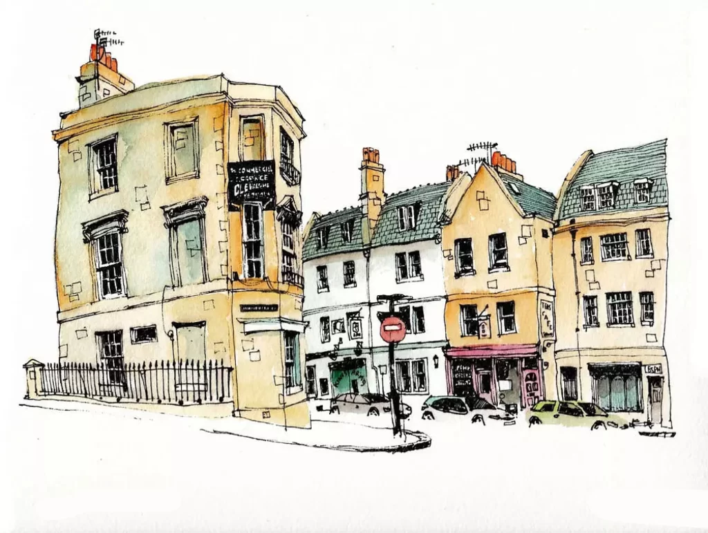 Urban Street Scene European Architecture Watercolor Art