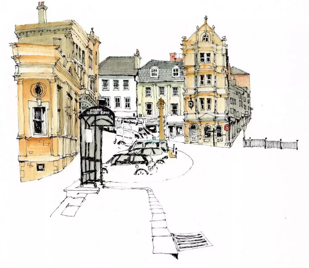 Urban Street Scene European Architecture Watercolor Drawing