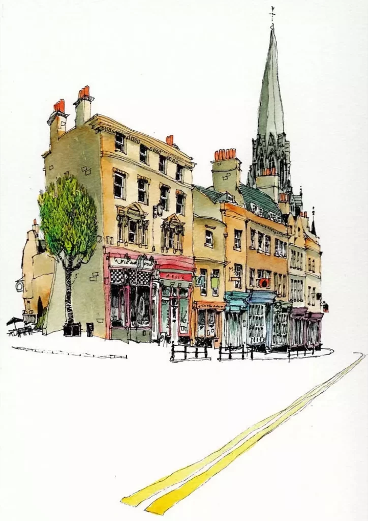 Urban Street Scene European Architecture Watercolor Art