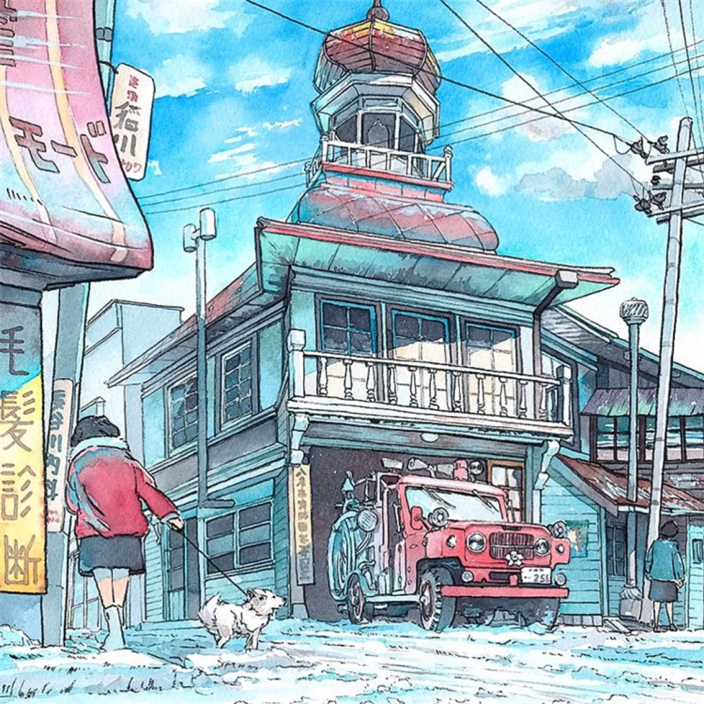 Urban Street Scene Traditional Building Fire Truck Pedestrian Dog Mateusz Urbanowicz