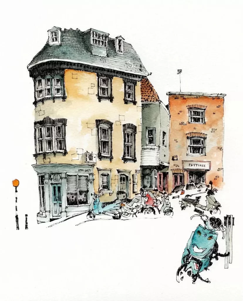 Urban Street Scene Vintage Buildings Motorcycles City Life Artistic Illustration