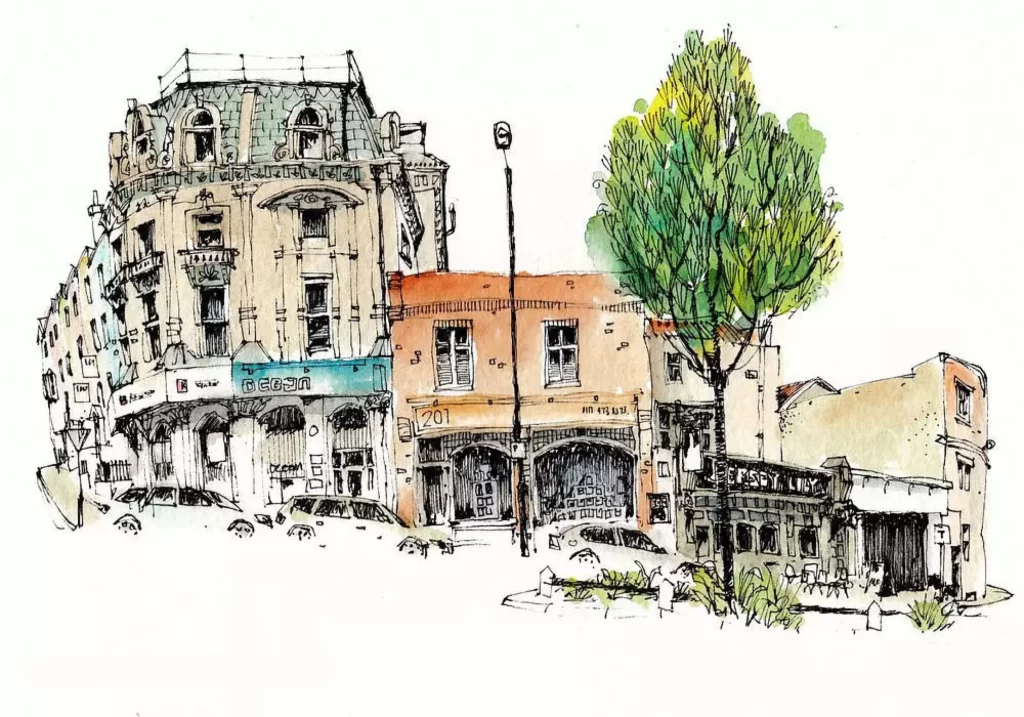 Urban Street Scene Watercolor Architecture Tree Cafe