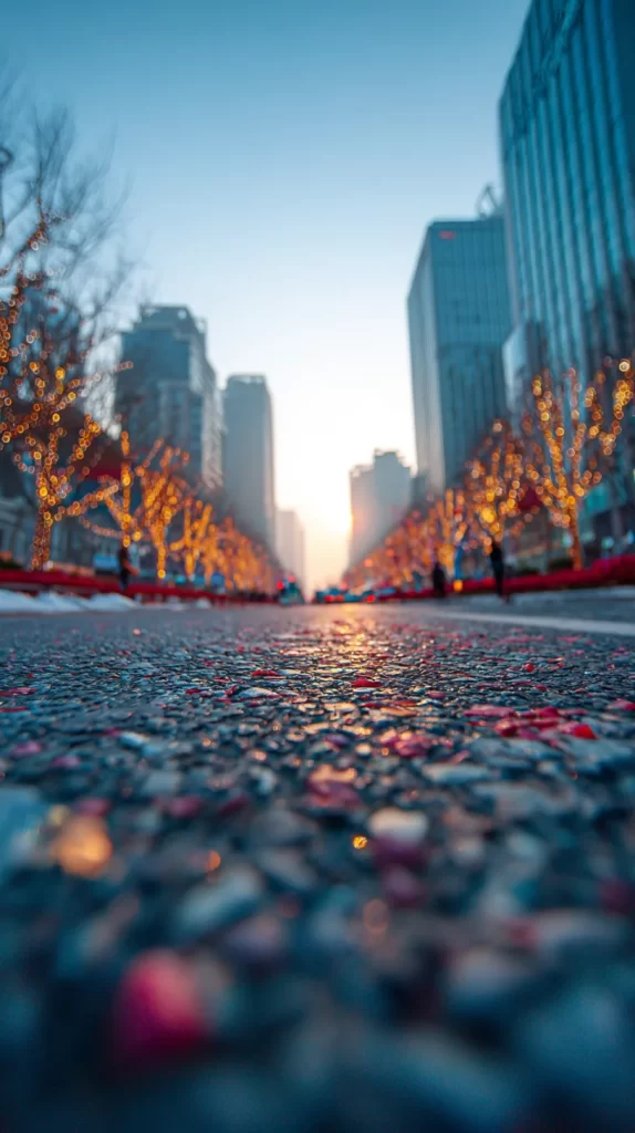 Urban Street Sunset Lights Trees Buildings