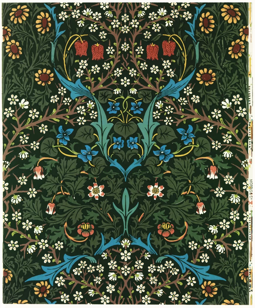 Vibrant Bluebell Daisy Violets Olive Green Vine Pattern