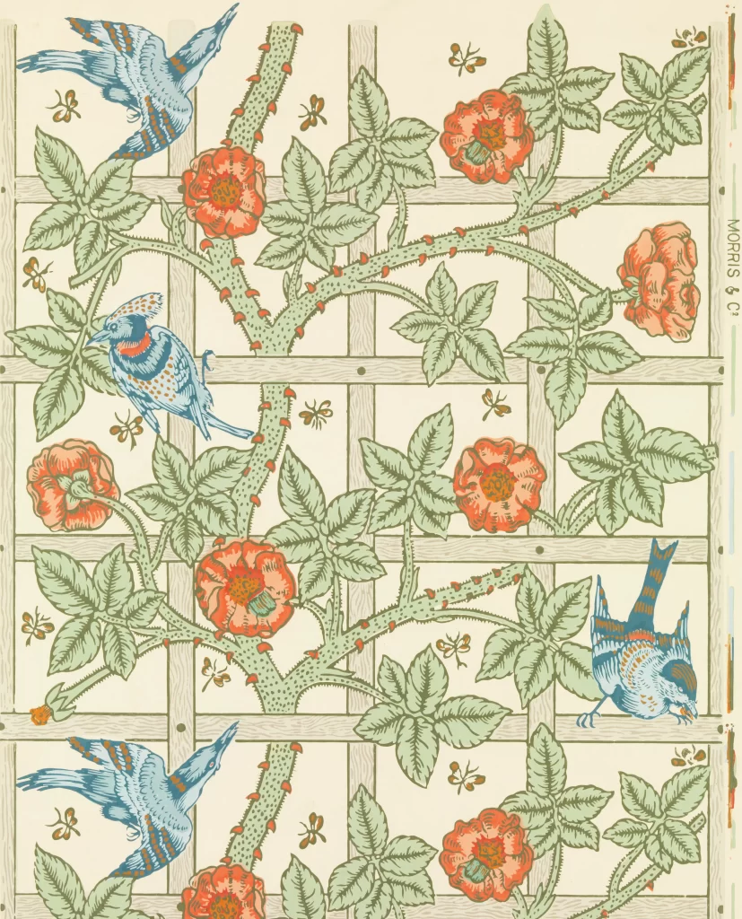 Vibrant Coral Rose Lattice Bluebird Flourish Design