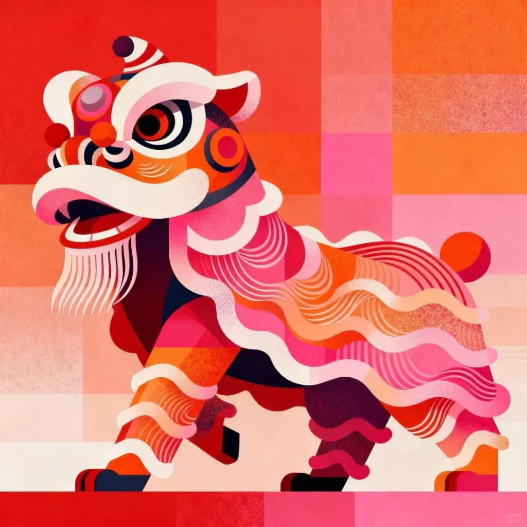 Vibrant Crimson Lion Dance with Wavy Mane Patterns
