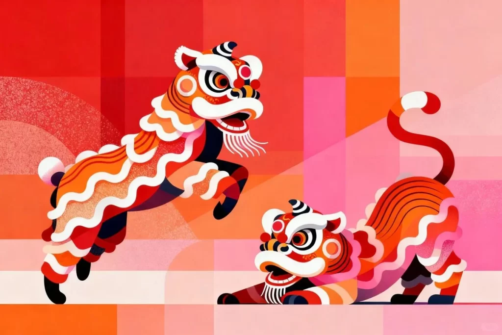 Vibrant Crimson Lions with White Wavy Patterns