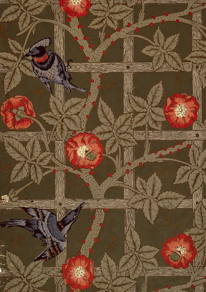 Vibrant Crimson Rose Vineyard Olive Green Lattice Pattern