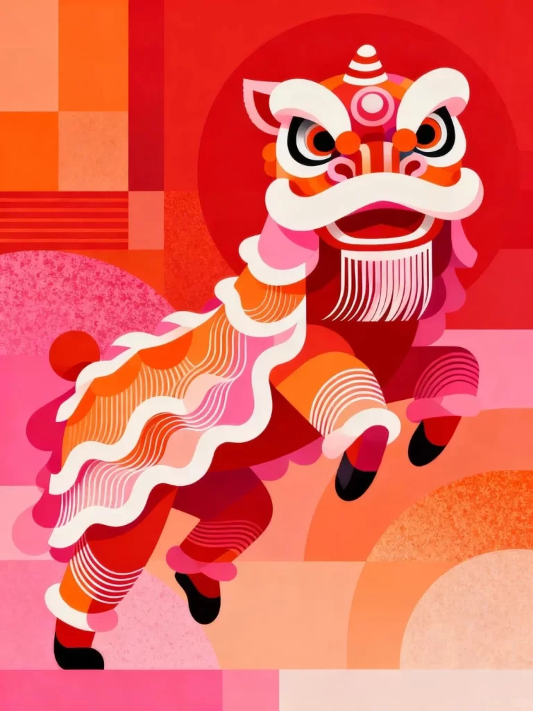Vibrant Red and Orange Lion Dance with White Fringe
