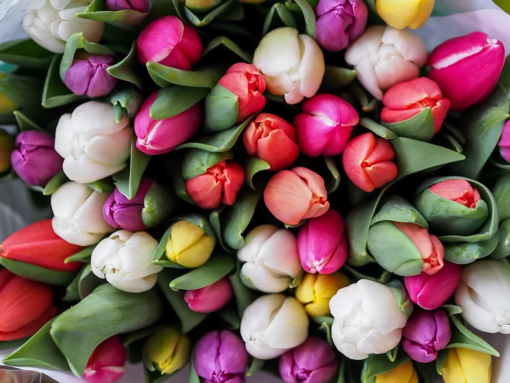 Vibrant Tulip Bouquet Multicolored Petals Green Leaves