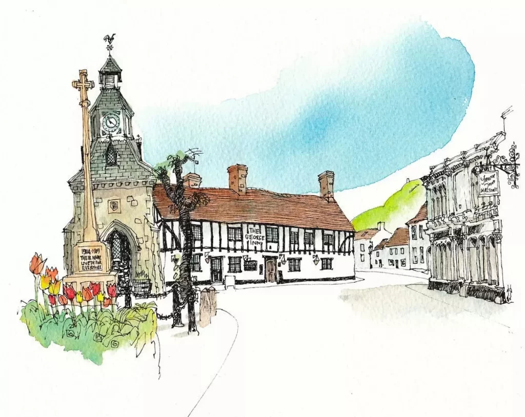 Village Square Clock Tower Half-Timbered Building