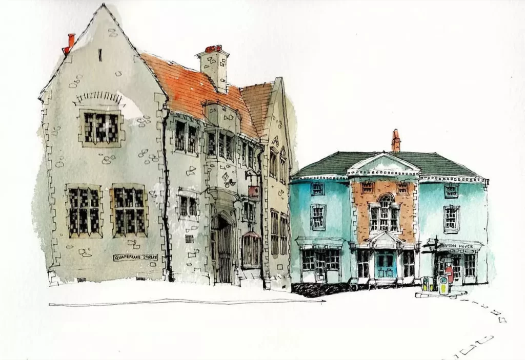 Watercolor Buildings Street Scene