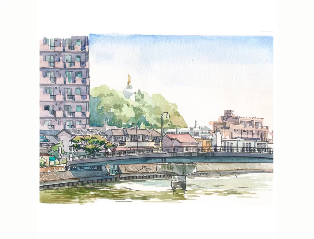 Watercolor Cityscape Bridge River Buildings Mateusz Urbanowicz