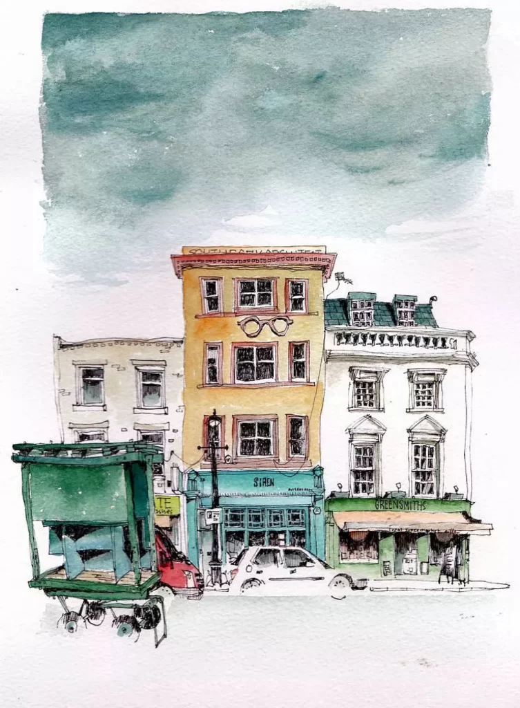 Watercolor Cityscape Buildings Street