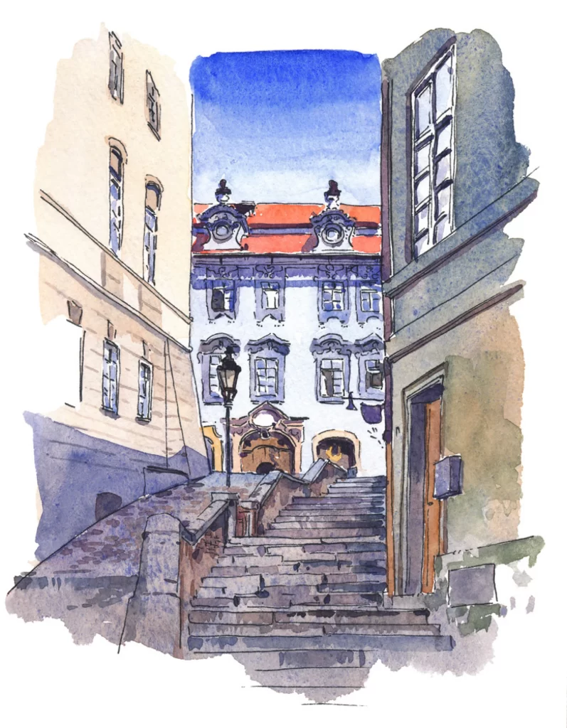 Watercolor Cityscape Stairs Building Architecture Mateusz Urbanowicz