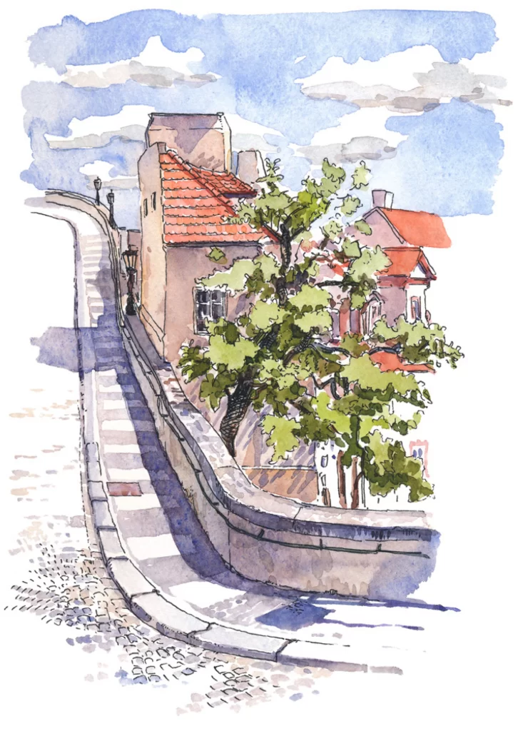 Watercolor Street Scene Houses Trees Mateusz Urbanowicz