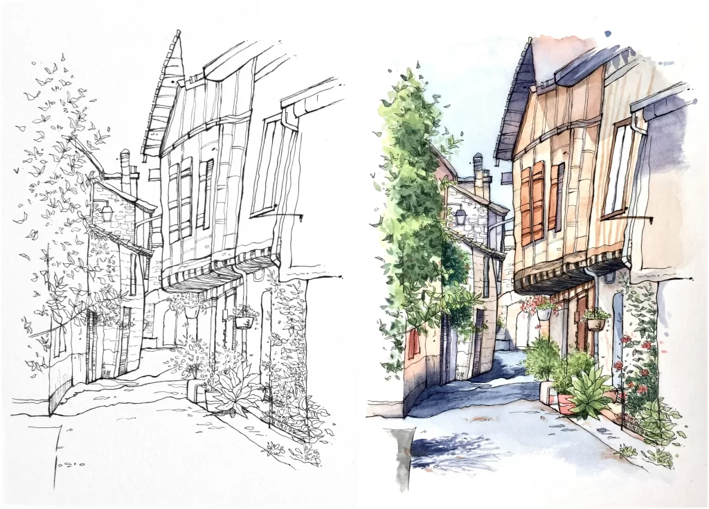 Watercolor Street Sketch Architecture Mateusz Urbanowicz