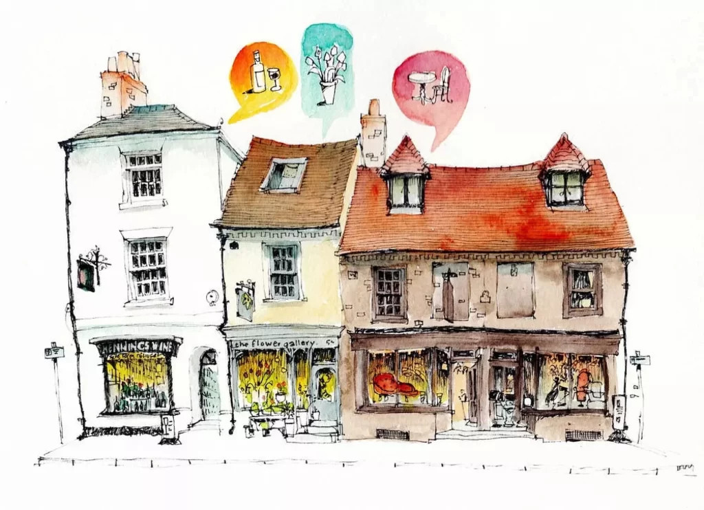 Watercolor Town Buildings Shops