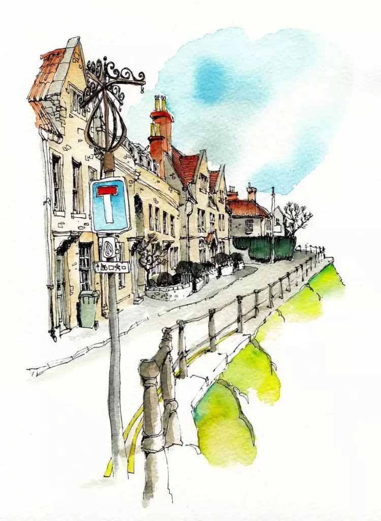 Watercolor Town Street Buildings Houses