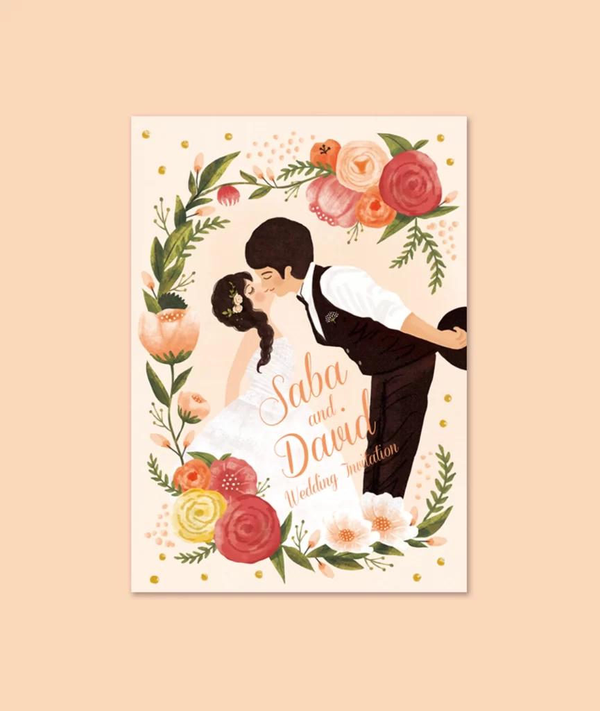 Wedding Invitation Floral Design Romantic Illustration Couple Kiss