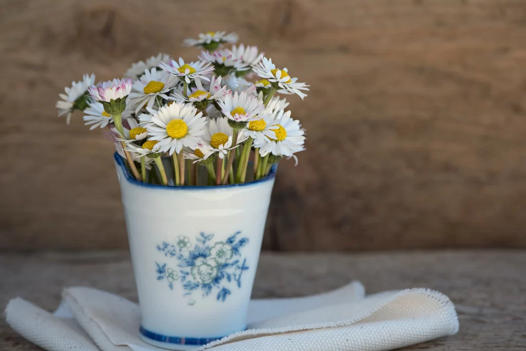 White Daisy Yellow Center Petals Blue Pattern Vase