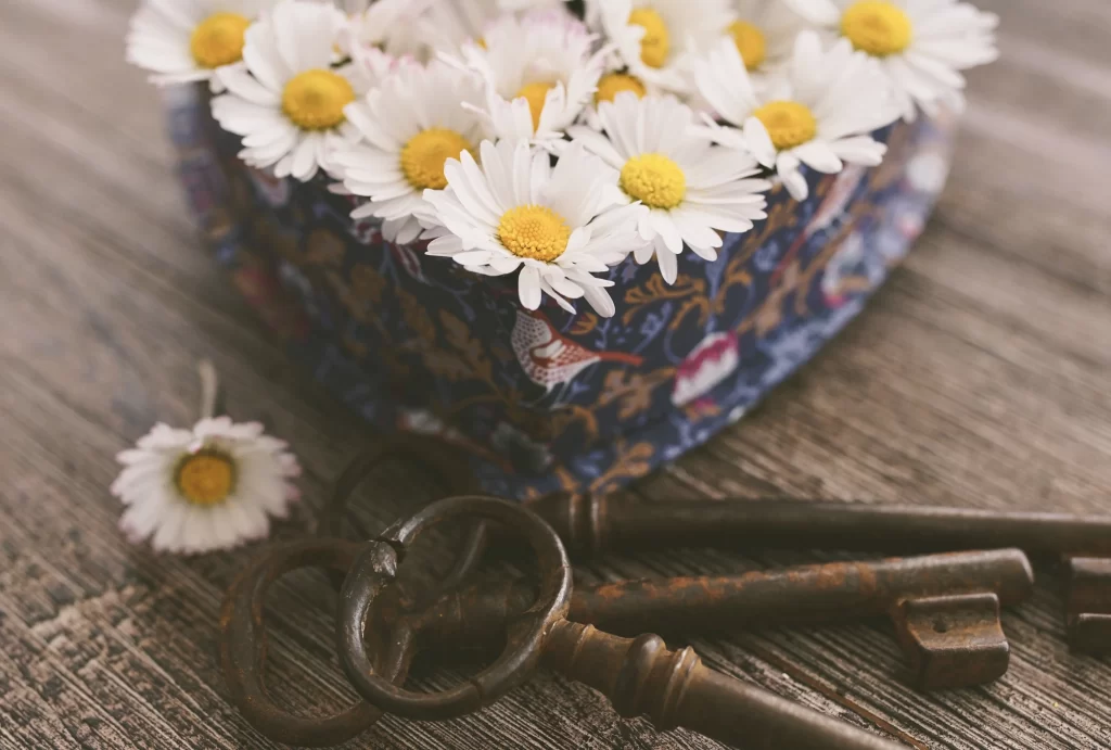 White Daisy Yellow Center Petals Rustic Box Rusty Keys