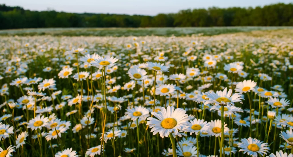 White Daisy Yellow Center Petals Field Greenery
