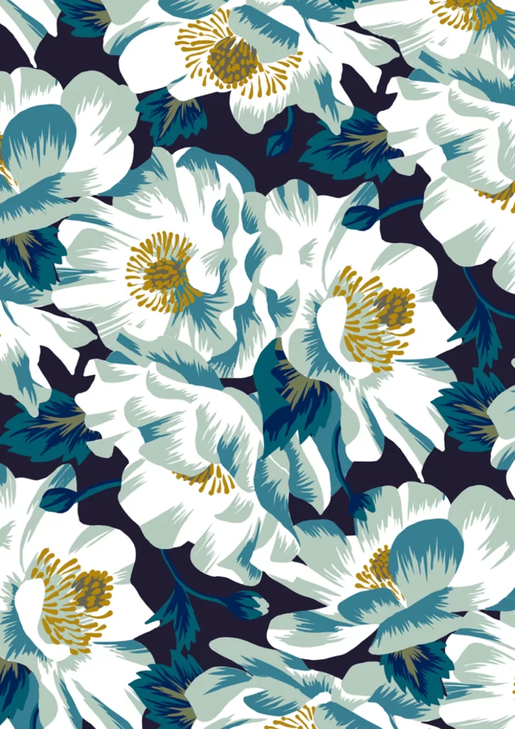White Flowers Blue Leaves Yellow Centers Dark Background