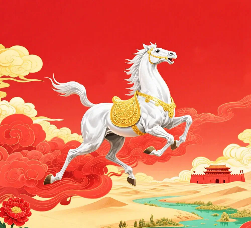 White Horse Traditional Chinese Art Red Gold Clouds Palace