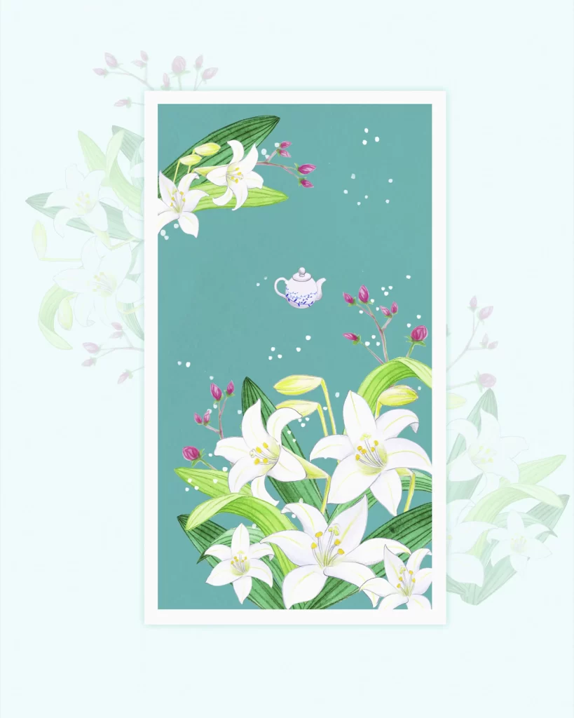 White Lilies Green Leaves Teapot