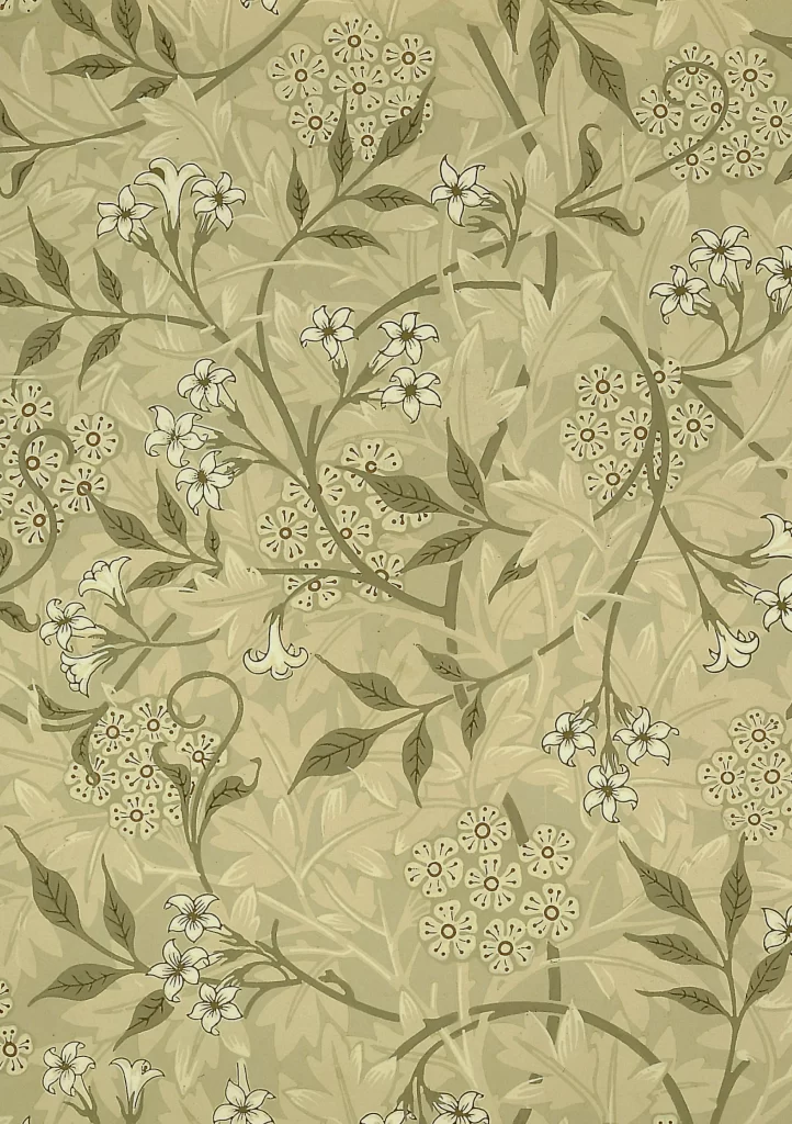 White Lily Vine Sage Green Foliage Vintage William Morris