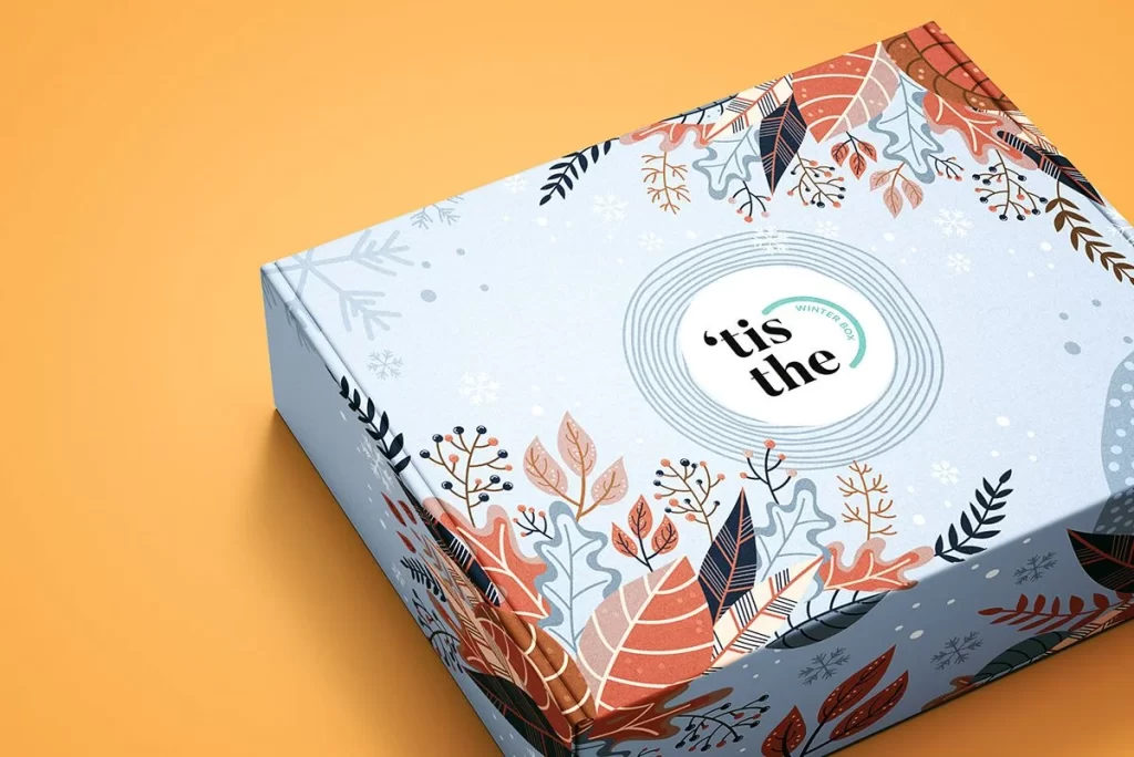 Winter Box Blue Red Leaf Pattern Festive Design