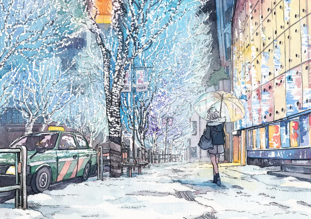 Winter Snow City Street Taxi Person Umbrella Mateusz Urbanowicz