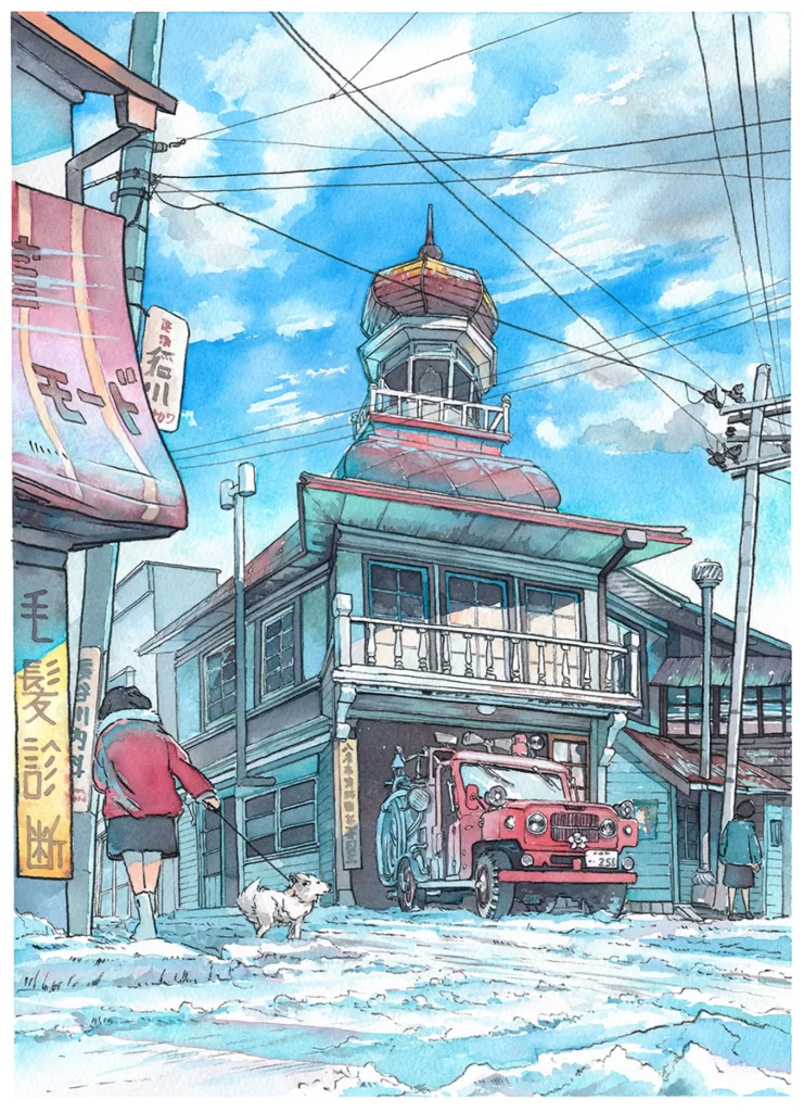 Winter Street Scene Traditional Building Fire Truck Dog Walking Urban Landscape Mateusz Urbanowicz