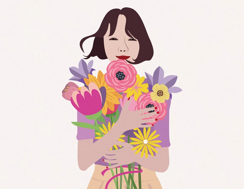 Woman Flowers Bouquet Joyful Expression