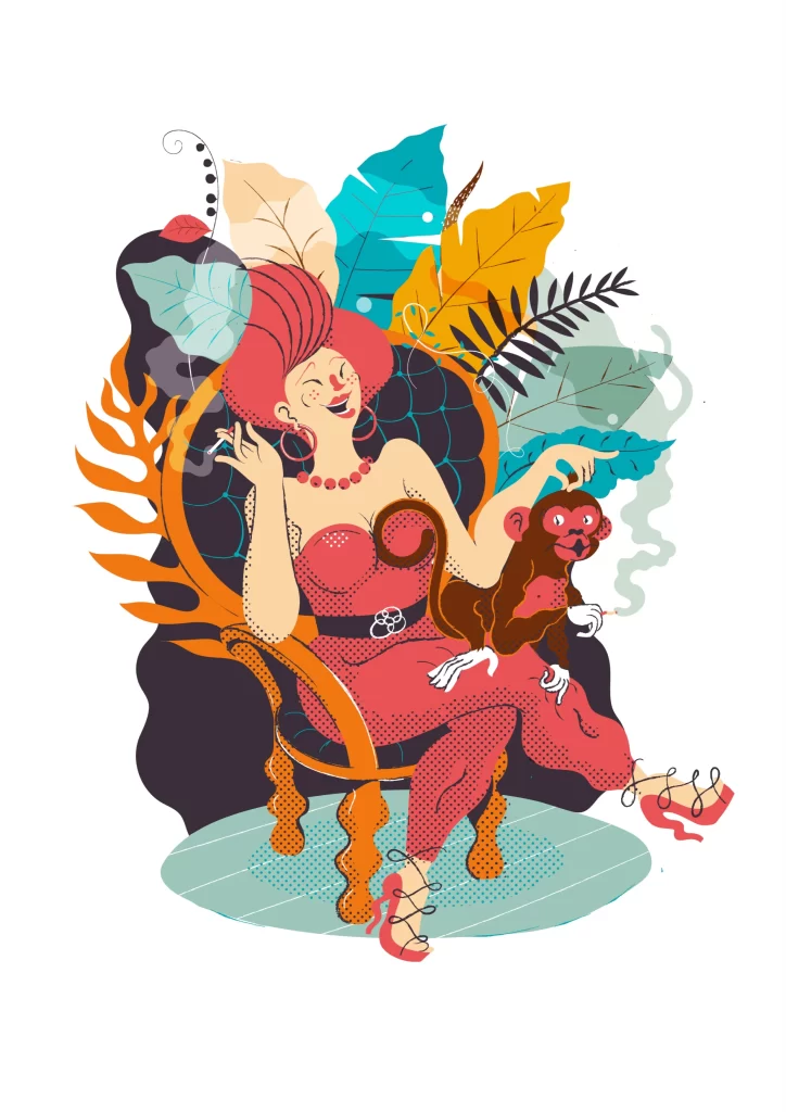 Woman Monkey Chair Tropical Fashion
