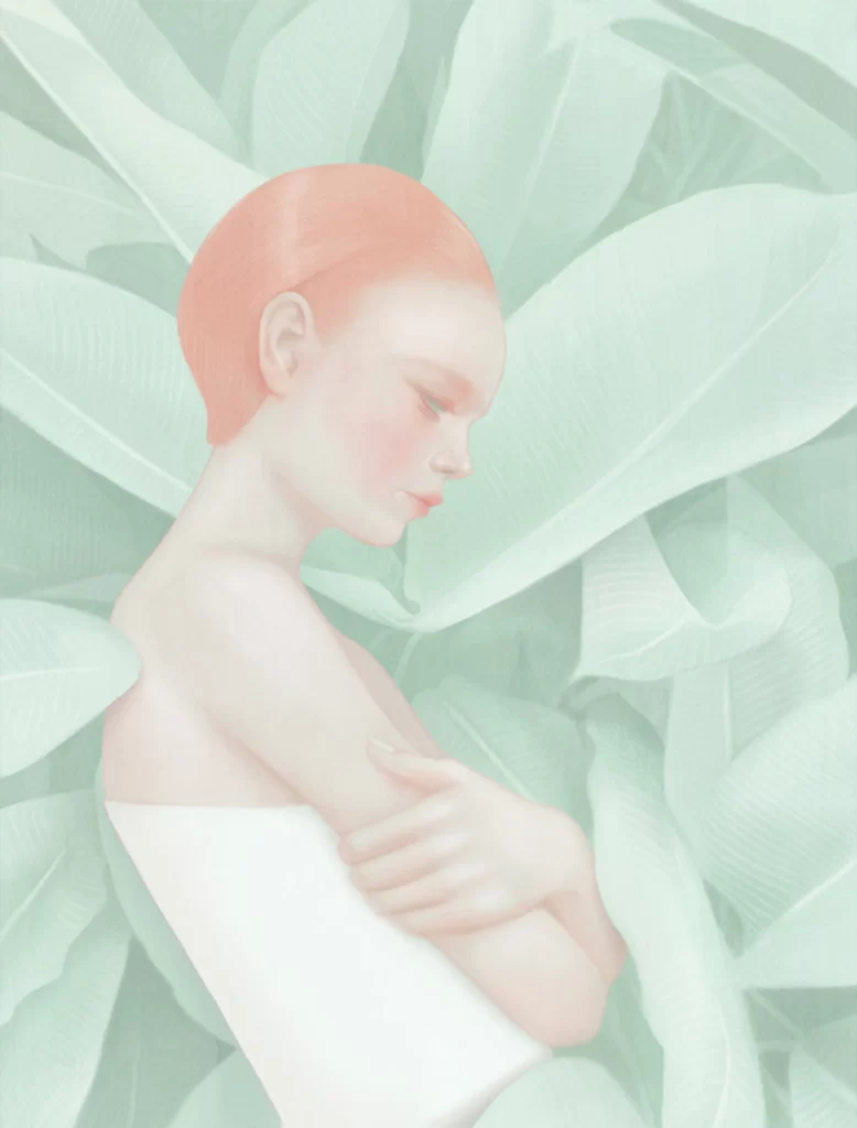 Woman Pink Hair Green Leaves White Garment Contemplative Pose