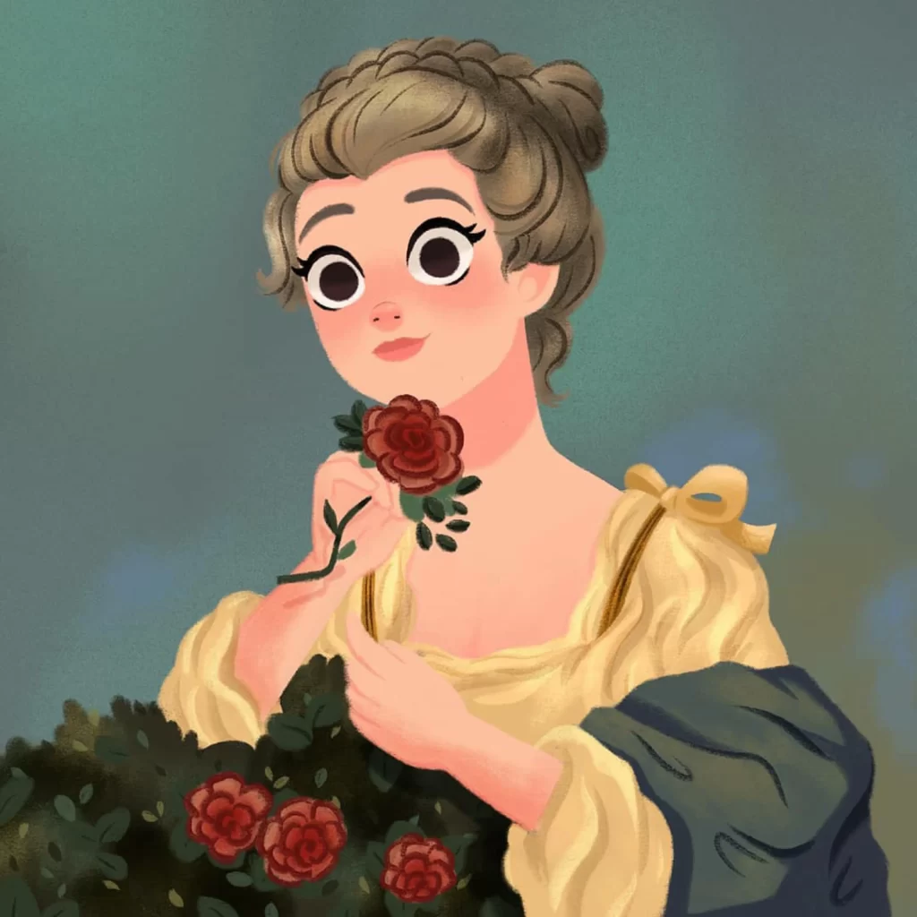 Woman Rose Dress Yellow Greenery Eleonore Pelluau