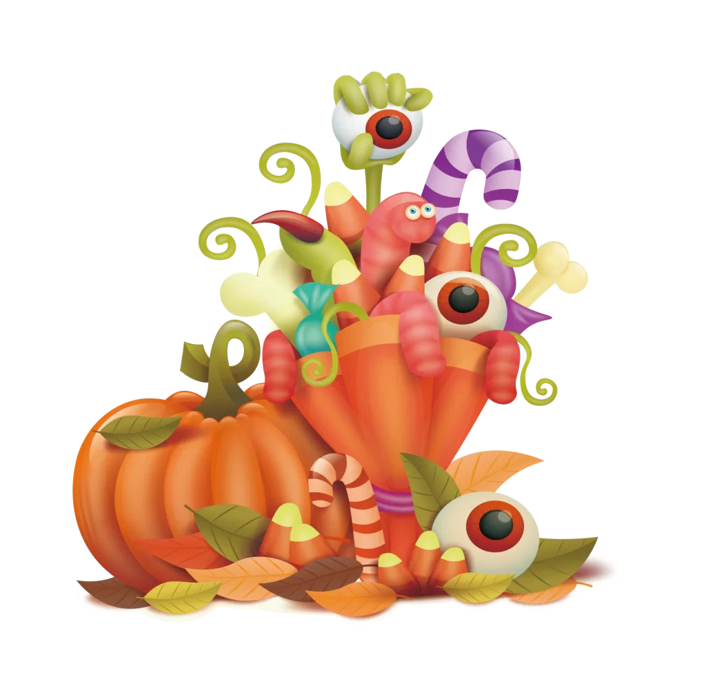 Worm Eyeball Candy Corn Bone Candy Cane Pumpkin Leaves