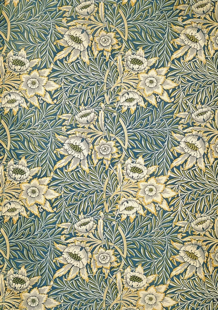 Yellow Anemone Vine Teal Background William Morris