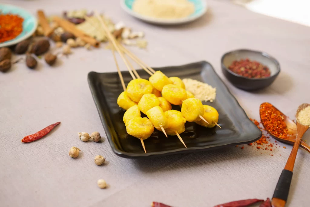 Yellow Banana Skewers Grilled Spices Black Plate