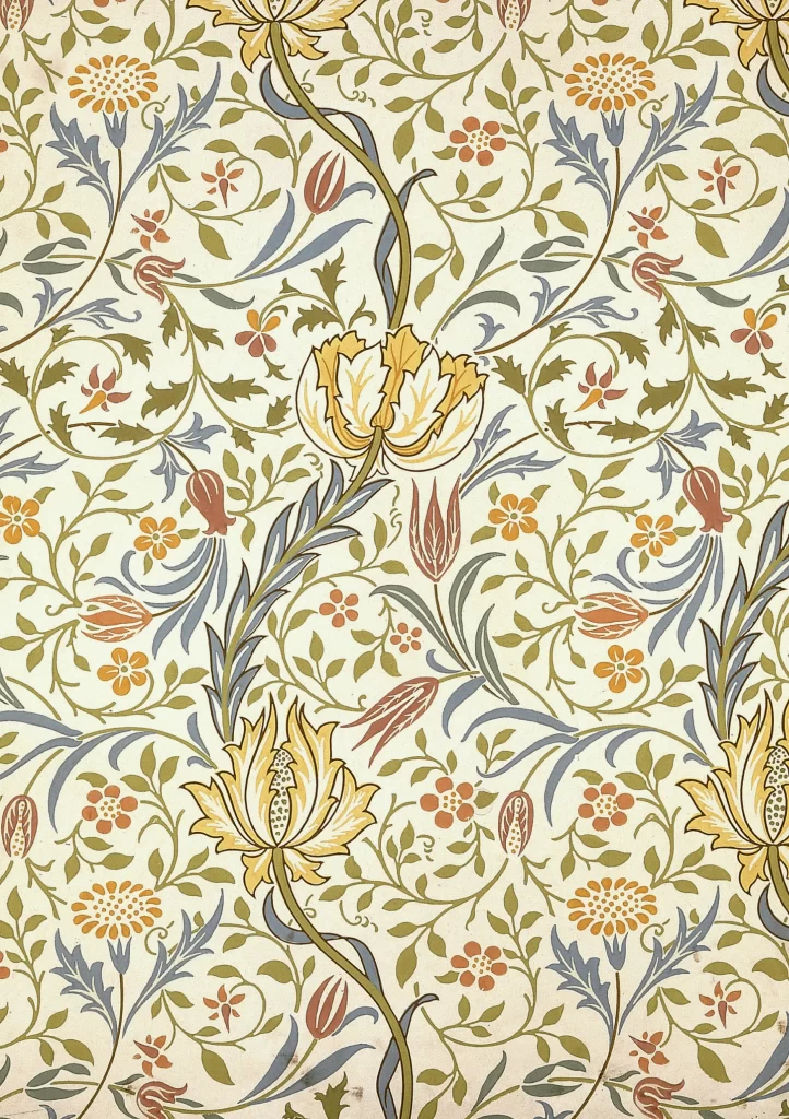 Yellow Lily Vine Sage Green Foliage Vintage William Morris