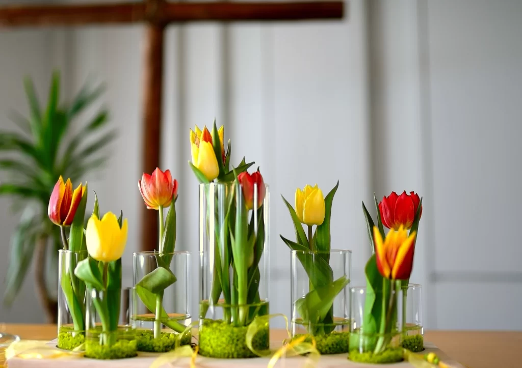 Yellow Red Tulip Vase Arrangement Green Leaves