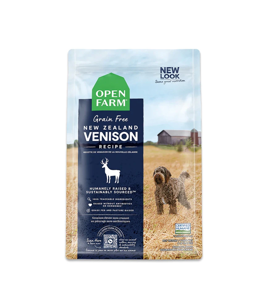 Open Farm Grain Free New Zealand Venison Recipe blue and green dog food Packaging