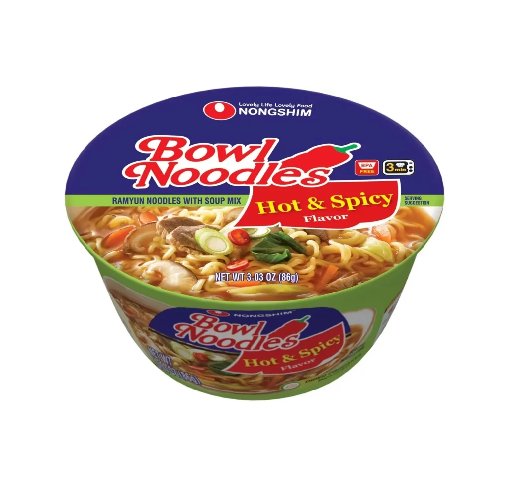 Nongshim Bowl Noodles Hot & Spicy blue green red ramyun noodles Packaging