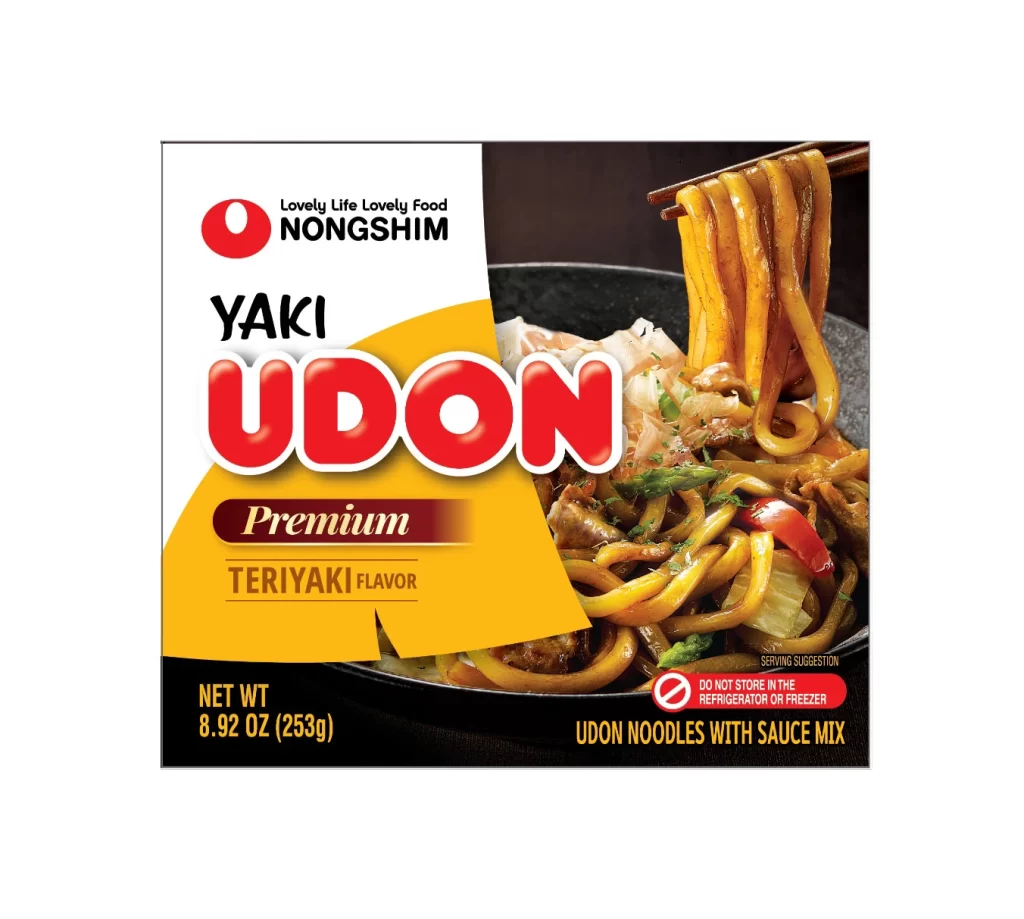 Nongshim Yaki Udon Premium Teriyaki Flavor yellow packaging and brown noodles udon…