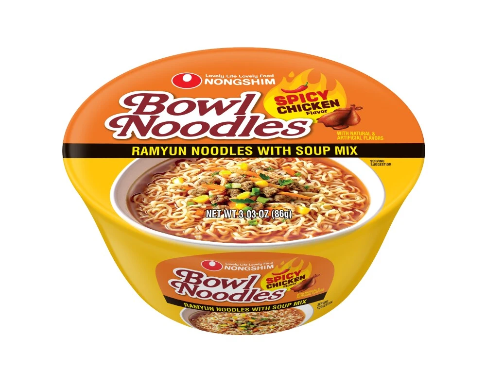 Nongshim Bowl Noodles Spicy Chicken orange and yellow ramyun noodles Packaging