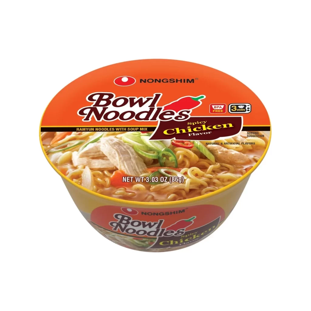 Nongshim Spicy Chicken Flavor Orange and yellow Bowl Noodles Packaging