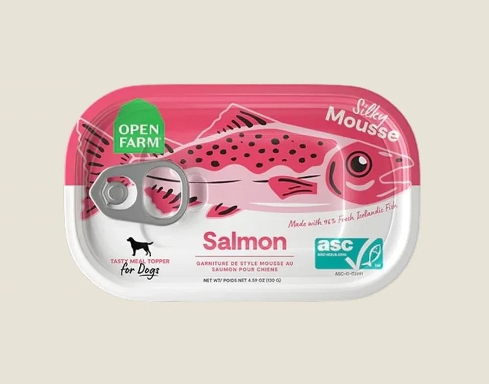 Open Farm Silky Mousse Salmon pink and white dog food topper Packaging